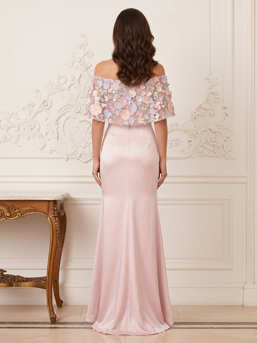 Trumpet/Mermaid Off the Shoulder Half Sleeves Floor-Length Mother of the Bride Dresses with Applique & 3D Floral