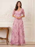 A-Line/Princess Short Sleeves V Neck Floor-Length Mother of the Bride Dresses with 3D Floral