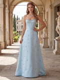 A-Line/Princess Strapless Sleeveless Floor-Length Evening Dresses with Embroidery & Rhinestone