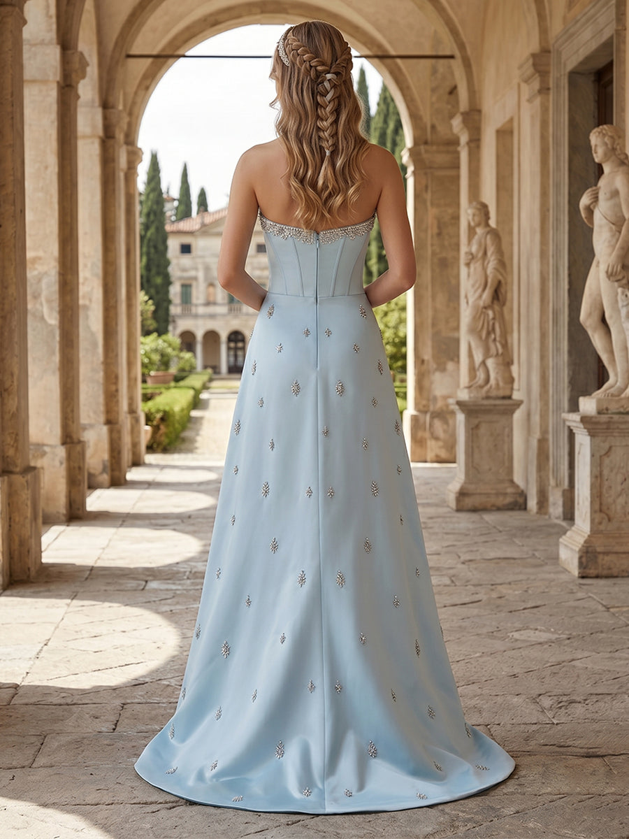 A-Line/Princess Strapless Sleeveless Floor-Length Evening Dresses with Embroidery & Rhinestone