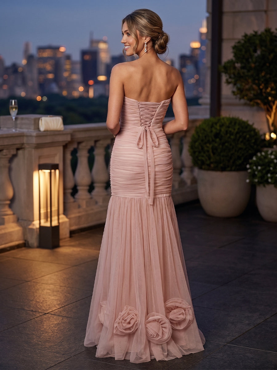 Trumpet/Mermaid Strapless Sleeveless Floor-Length Evening Dresses with 3D Floral & Ruched