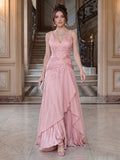 A-Line/Princess V-Neck Sleeveless Floor-Length Evening Dresses with Ruffles & Applique