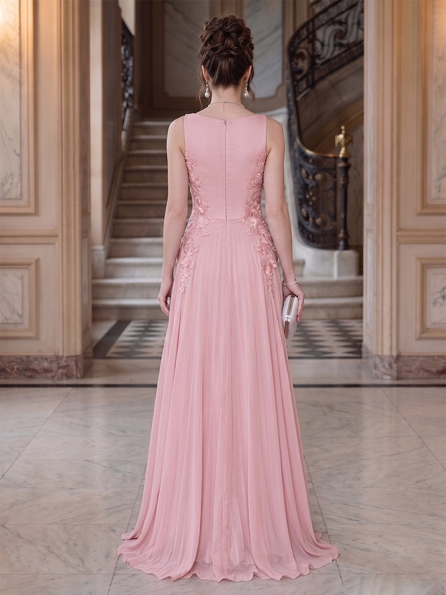 A-Line/Princess V-Neck Sleeveless Floor-Length Evening Dresses with Ruffles & Applique