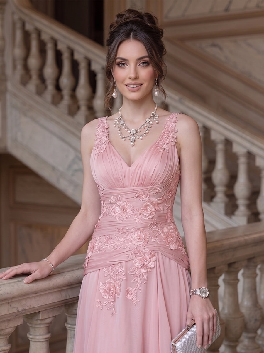 A-Line/Princess V-Neck Sleeveless Floor-Length Evening Dresses with Ruffles & Applique