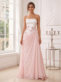 Sheath/Column Strapless Sleeveless Floor-Length Evening Dresses with Applique & Pleats