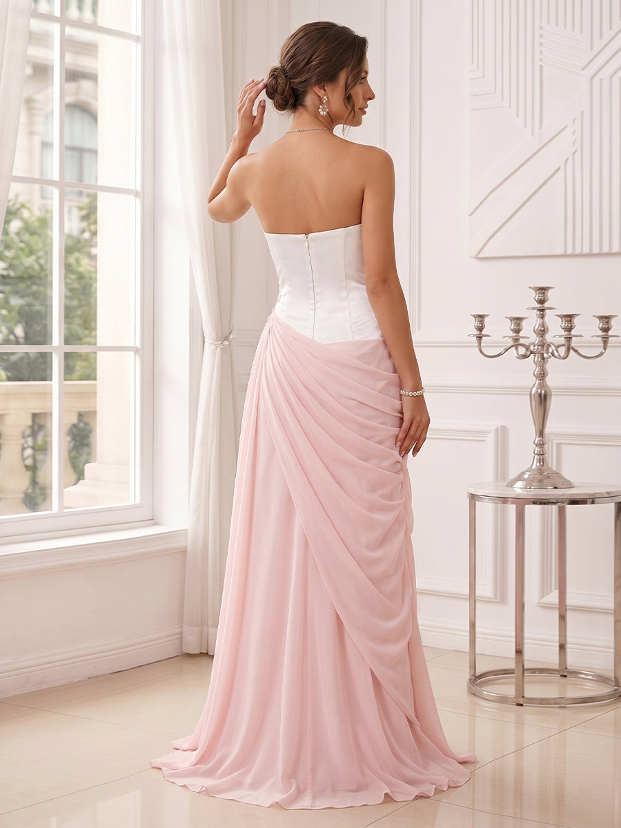 Sheath/Column Strapless Sleeveless Floor-Length Evening Dresses with Applique & Pleats