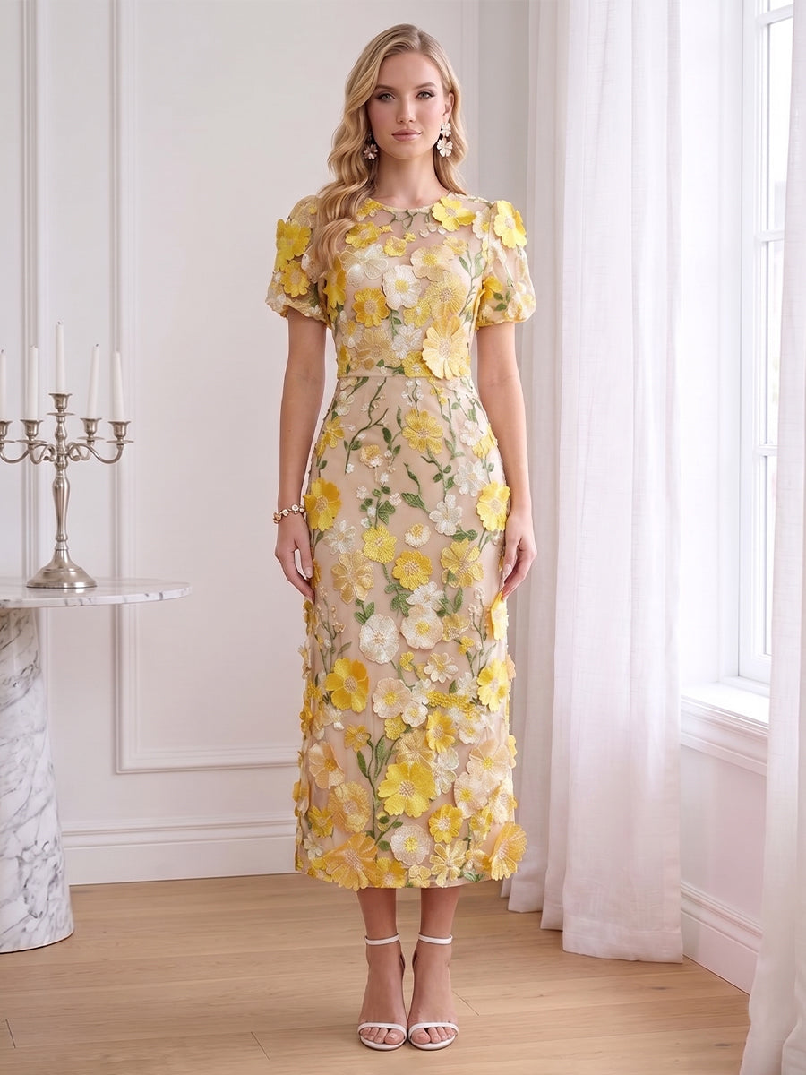 Sheath/Column Scoop Short Sleeves Ankle-Length Wedding Guest Dresses with Embroidery & 3D Floral