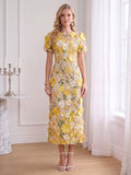 Sheath/Column Scoop Short Sleeves Ankle-Length Wedding Guest Dresses with Embroidery & 3D Floral