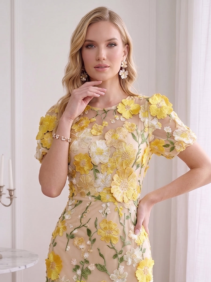 Sheath/Column Scoop Short Sleeves Ankle-Length Wedding Guest Dresses with Embroidery & 3D Floral