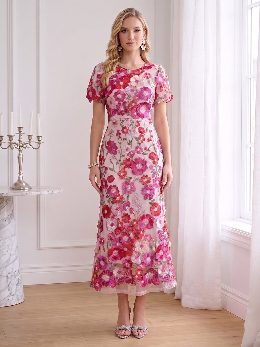 Sheath/Column Scoop Short Sleeves Ankle-Length Wedding Guest Dresses with Embroidery & 3D Floral