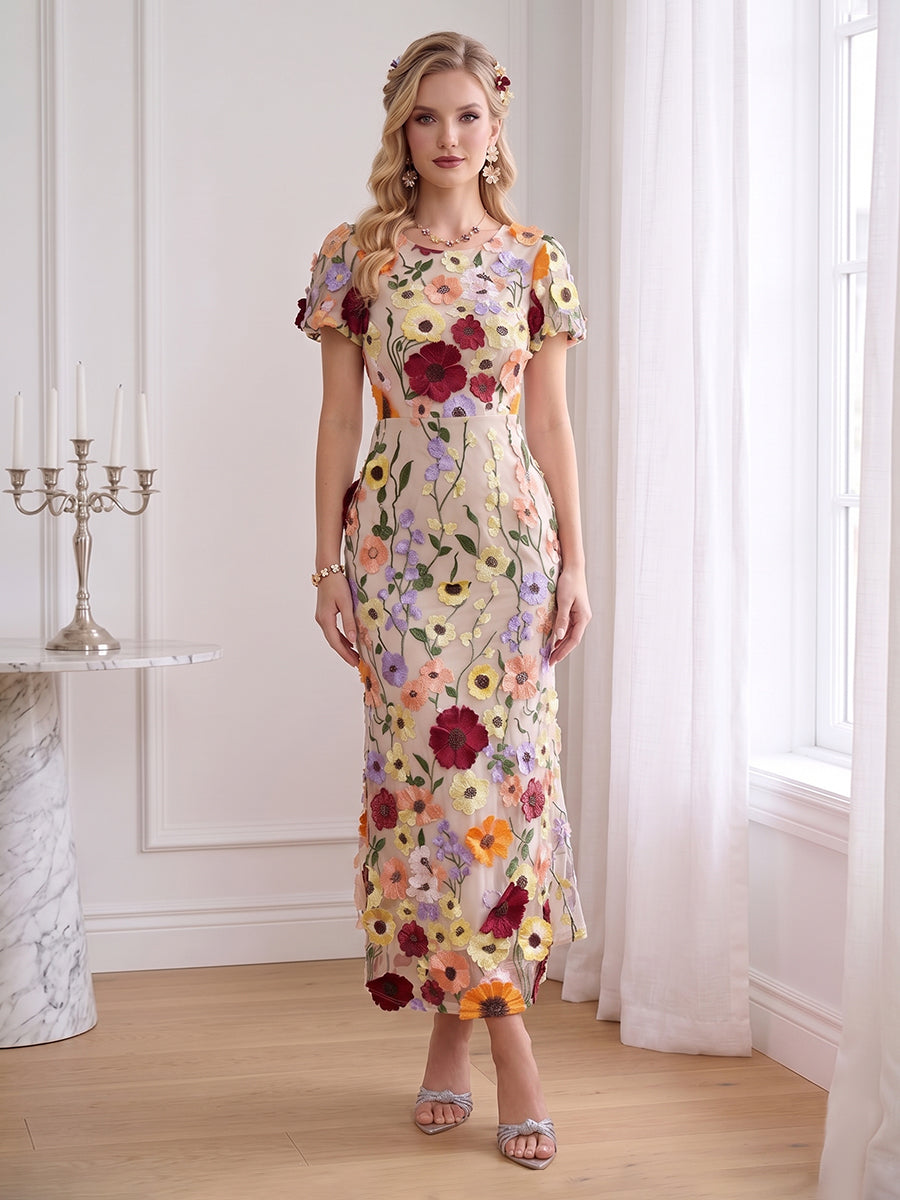 Sheath/Column Scoop Short Sleeves Ankle-Length Wedding Guest Dresses with Embroidery & 3D Floral