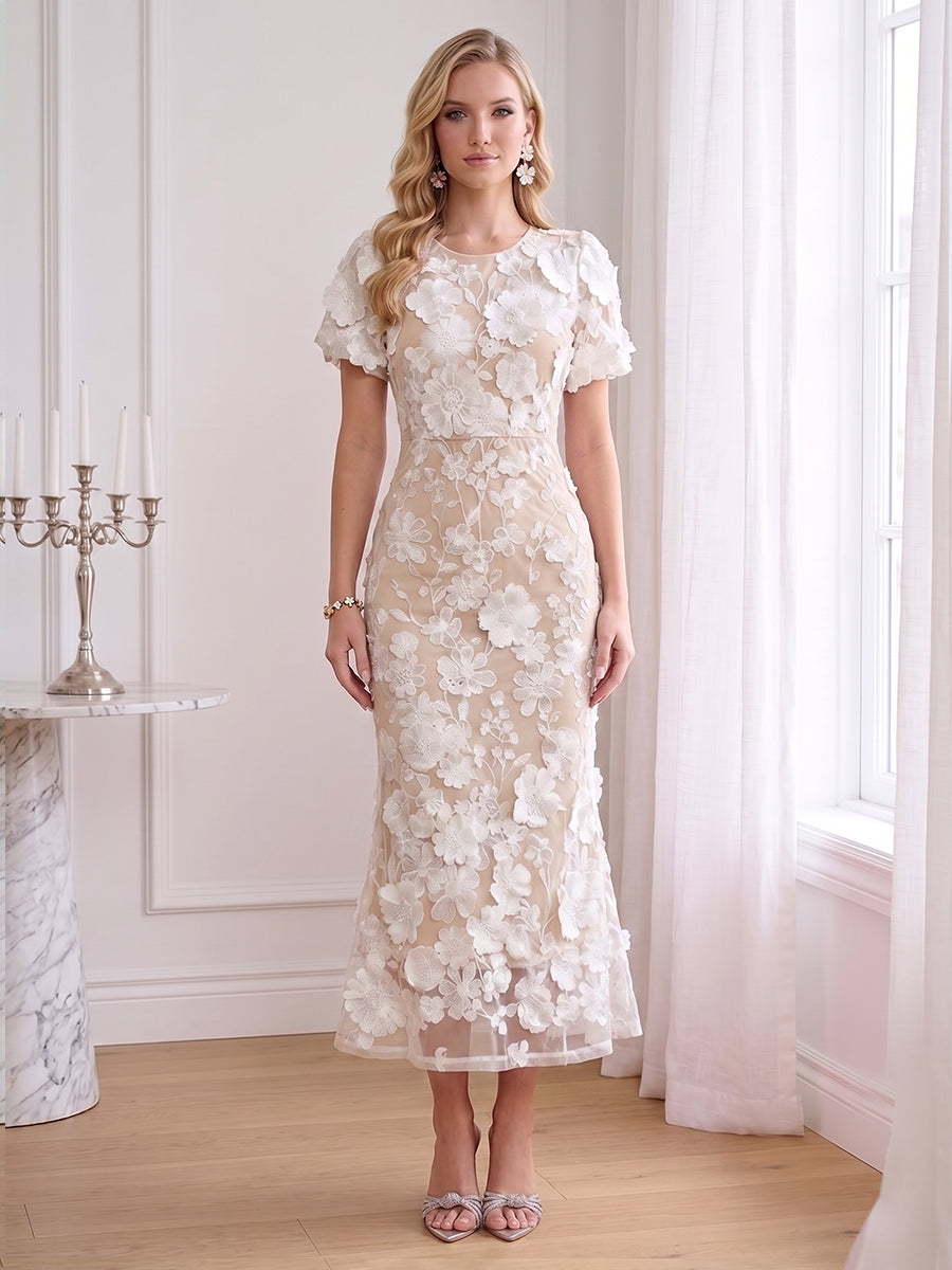 Sheath/Column Scoop Short Sleeves Ankle-Length Wedding Guest Dresses with Embroidery & 3D Floral