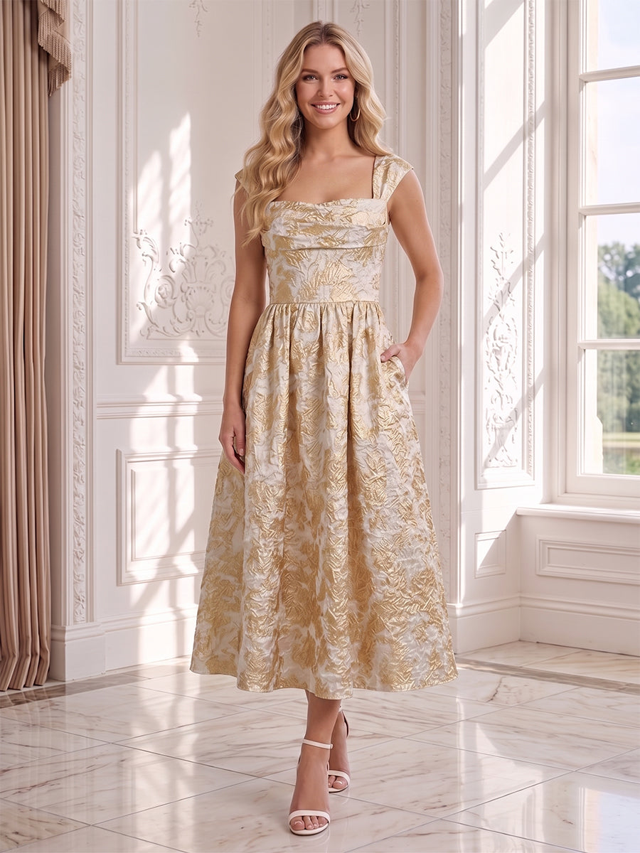 A-Line/Princess Square Neck Sleeveless Tea-Length Wedding Guest Dresses with Applique & Ruched