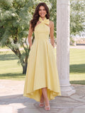 A-Line/Princess Halter Sleeveless Asymmetrical Wedding Guest Dresses with Bowknot & Ruched