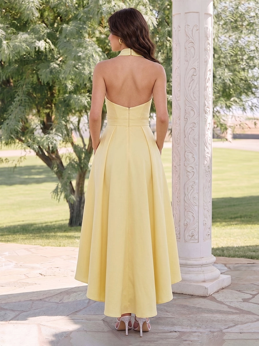 A-Line/Princess Halter Sleeveless Asymmetrical Wedding Guest Dresses with Bowknot & Ruched