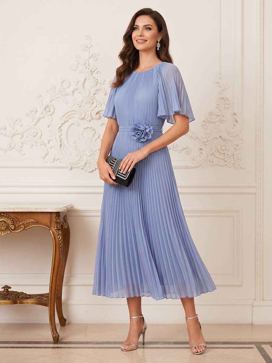 A-Line/Princess Short Sleeves Scoop Tea-length Mother of the Bride Dresses with 3D Floral & Pleats