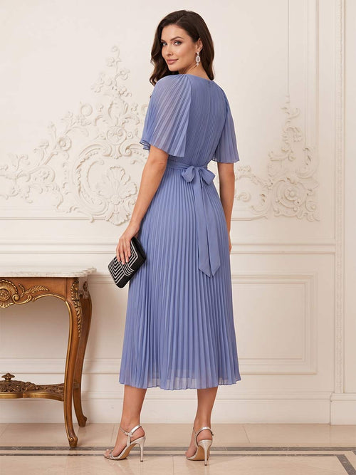 A-Line/Princess Short Sleeves Scoop Tea-length Mother of the Bride Dresses with 3D Floral & Pleats