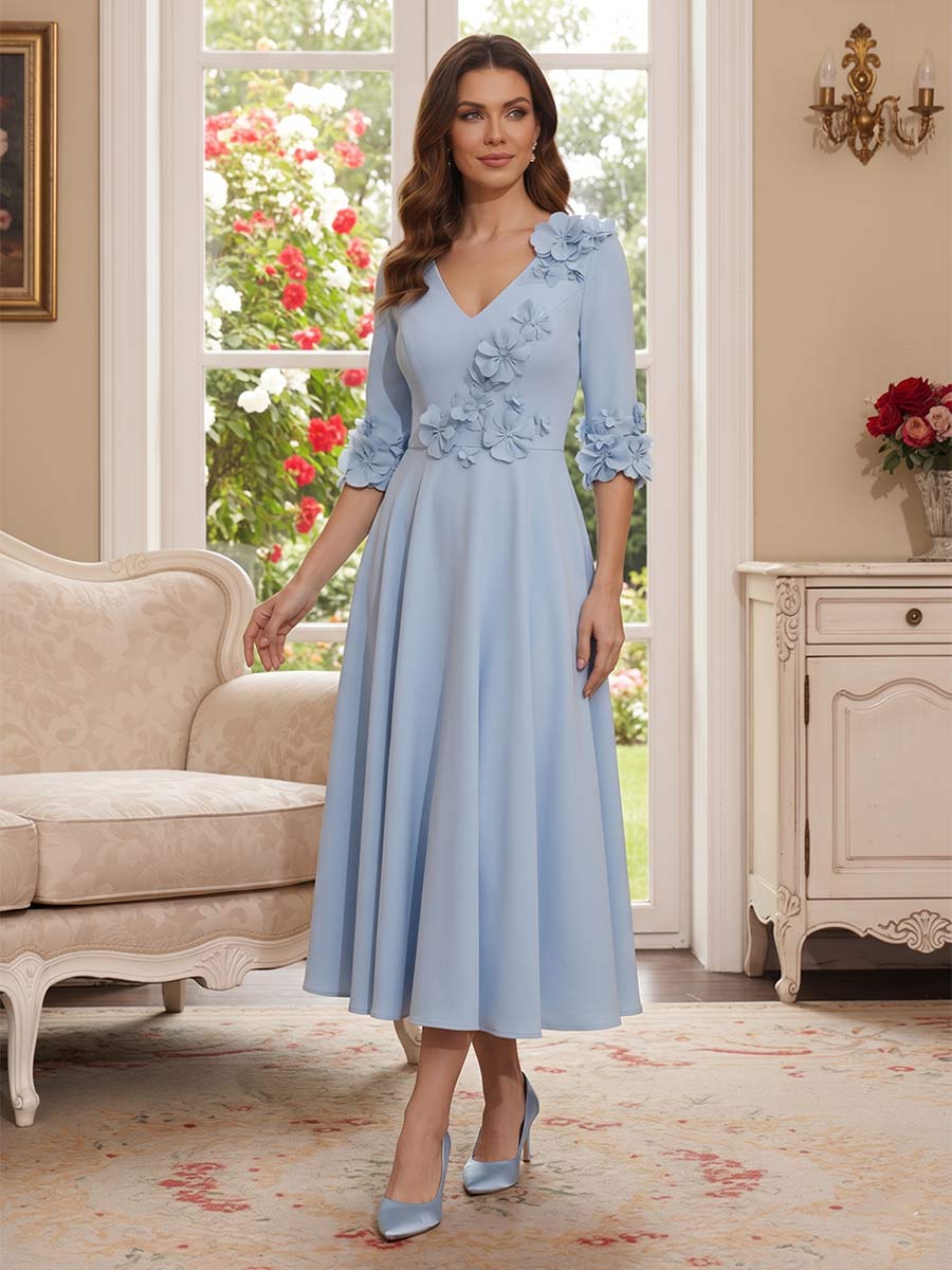 A-Line/Princess V-Neck Half-Sleeves Tea-length Mother of the Bride Dresses with 3D Floral & Pleats