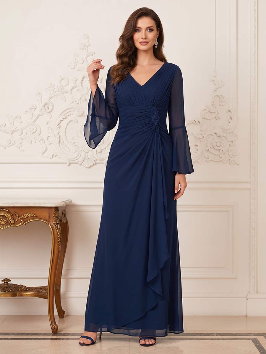Sheath/Column V Neck Long Sleeves Floor-length Mother of the Bride Dresses with Ruched & Ruffles