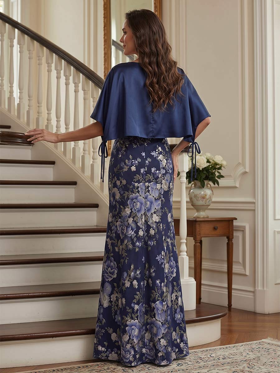 Trumpet/Mermaid V Neck Half Sleeves Floor-length Mother of the Bride Dresses with Split Side & Cape