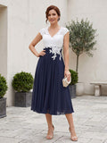 A-Line/Princess V-Neck Short Sleeves Tea-length Mother of the Bride Dresses with Applique & Pleats