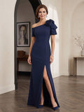 Sheath/Column One Shoulder Short Sleeves Floor-length Mother of the Bride Dresses with Split Side & 3D Floral