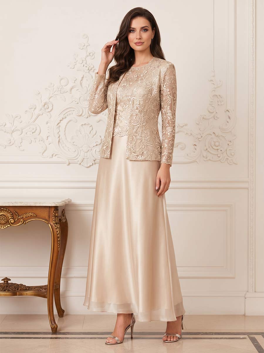 A-Line/Princess 2-Piece Scoop Long Sleeves Ankle-Length Mother of the Bride Dresses with Applique & Jacket