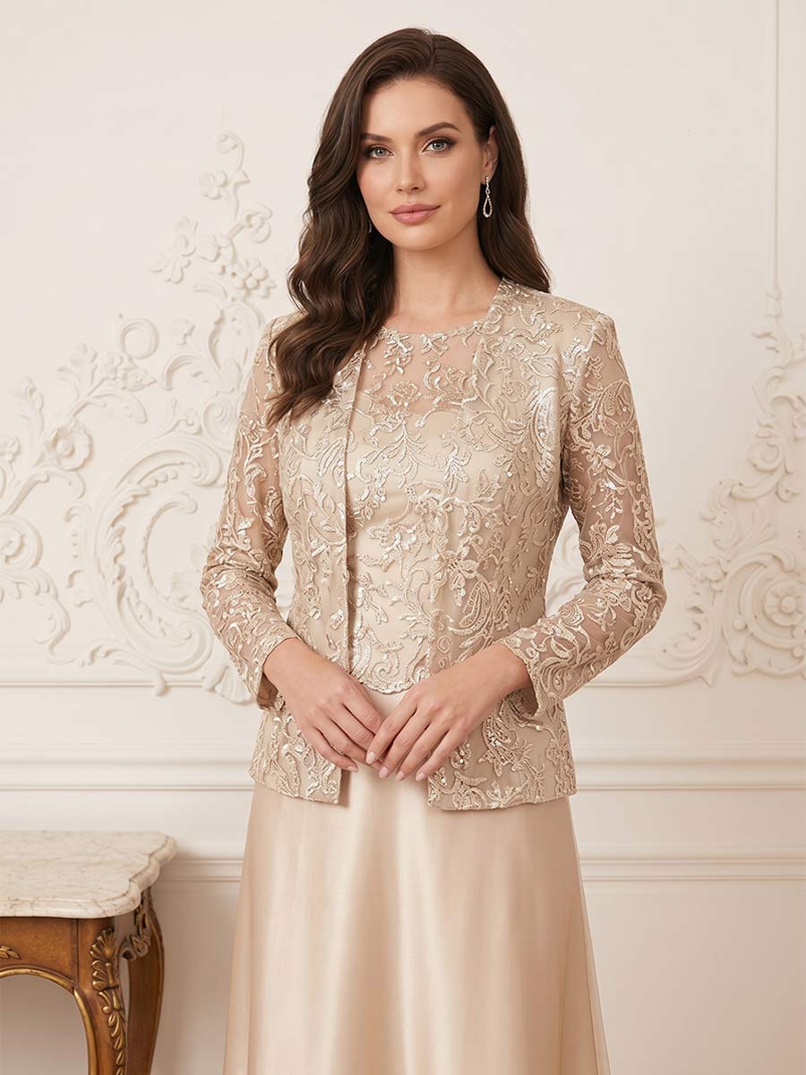 A-Line/Princess 2-Piece Scoop Long Sleeves Ankle-Length Mother of the Bride Dresses with Applique & Jacket