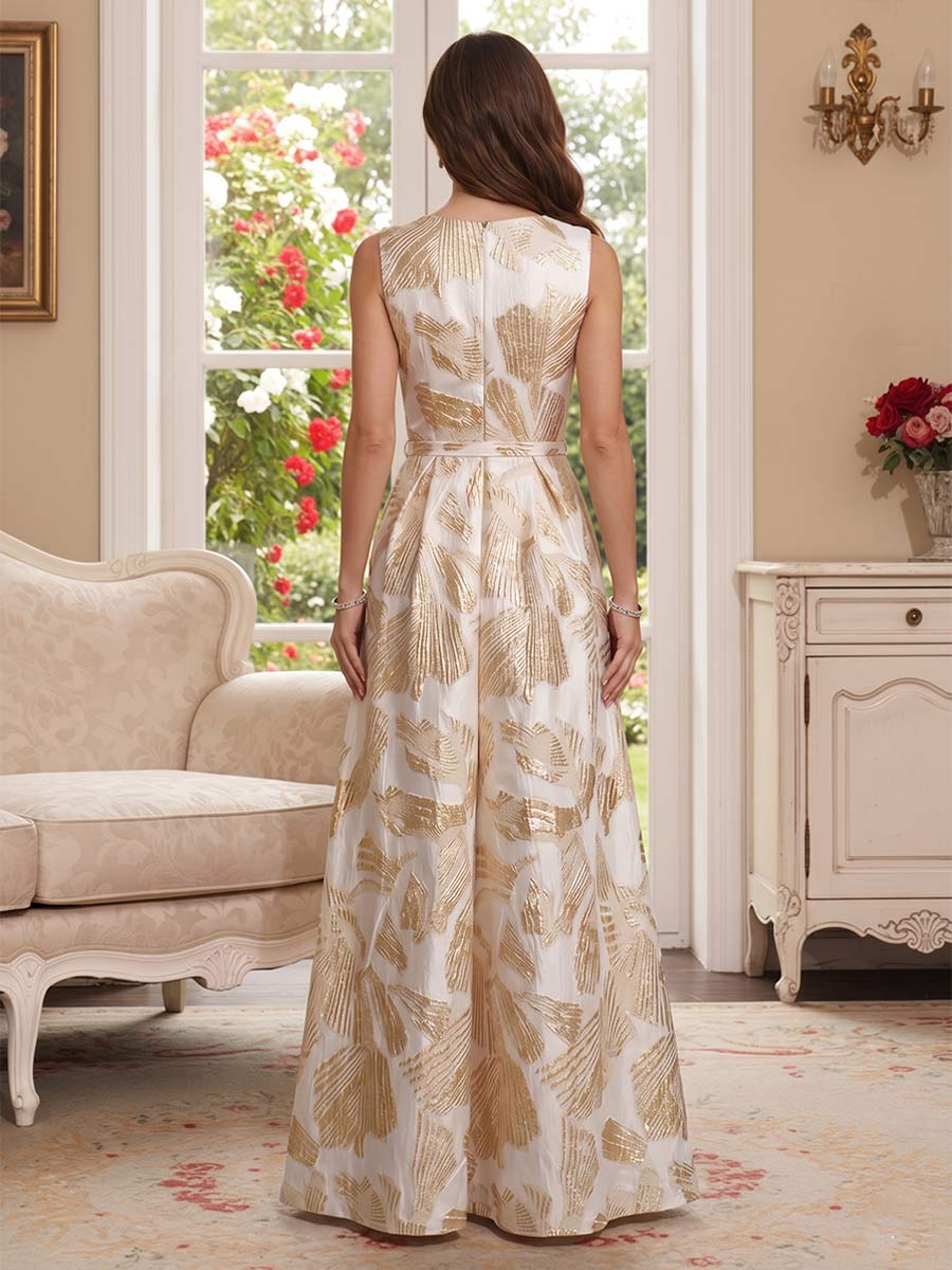 Jumpsuit Boat Neck Sleeveless Floor-Length Mother of the Bride Dresses with Pockets & Belt