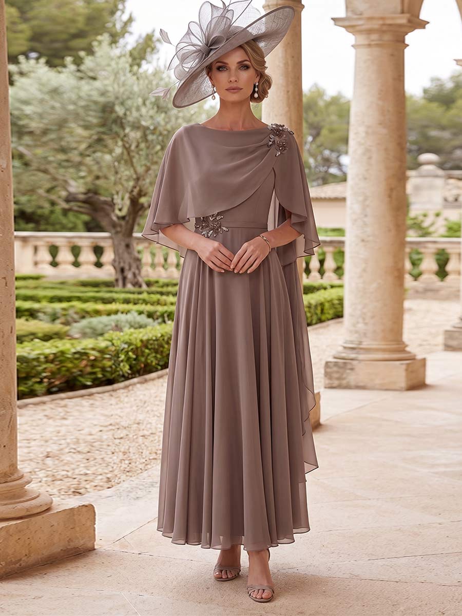 A-Line/Princess  Bateau Neck Short Sleeves Ankle-Length Mother of the Bride Dresses with Lace & Rhinestone