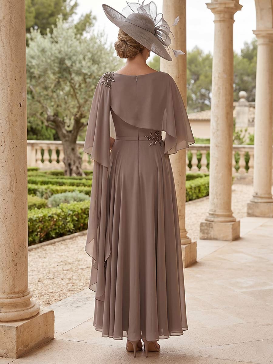 A-Line/Princess  Bateau Neck Short Sleeves Ankle-Length Mother of the Bride Dresses with Lace & Rhinestone