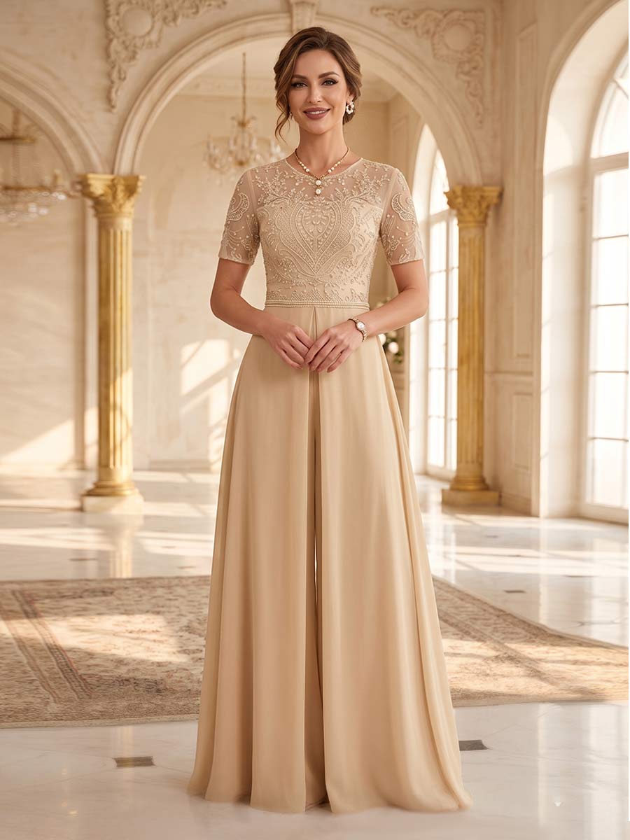 Jumpsuit Scoop Short Sleeves Floor-Length Mother of the Bride Dresses with Sequins & Applique