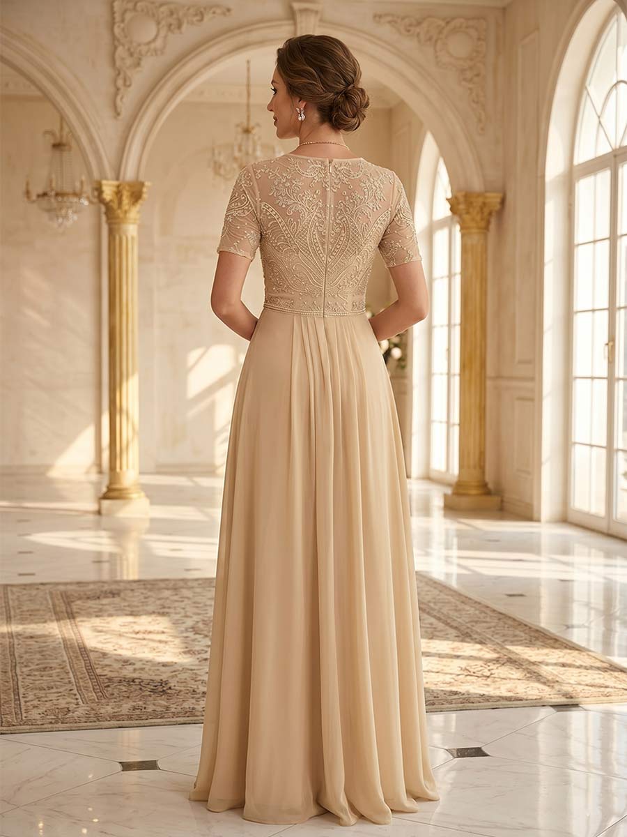 Jumpsuit Scoop Short Sleeves Floor-Length Mother of the Bride Dresses with Sequins & Applique