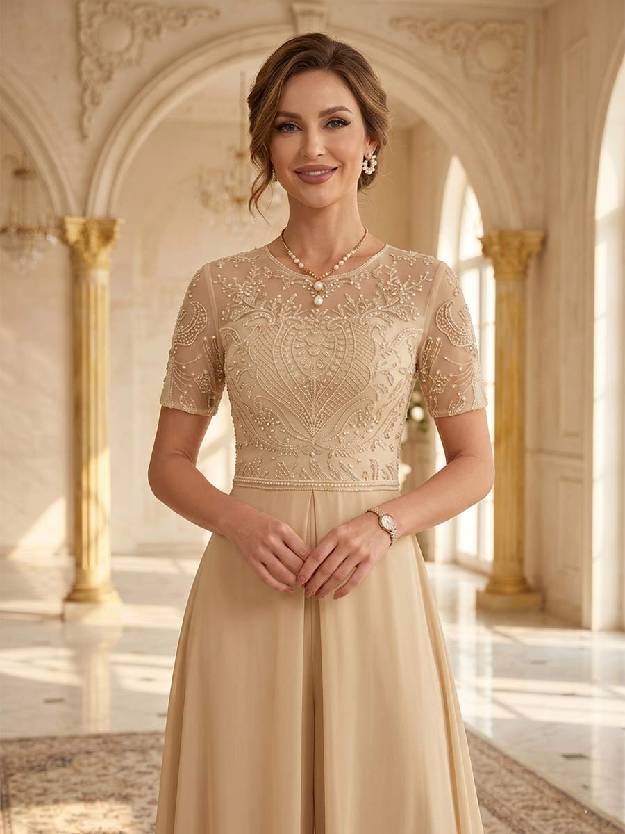 Jumpsuit Scoop Short Sleeves Floor-Length Mother of the Bride Dresses with Sequins & Applique