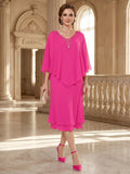 Sheath/Column V-Neck Flutter Sleeves Tea-length Mother of the Bride Dresses with Ruched & Beading