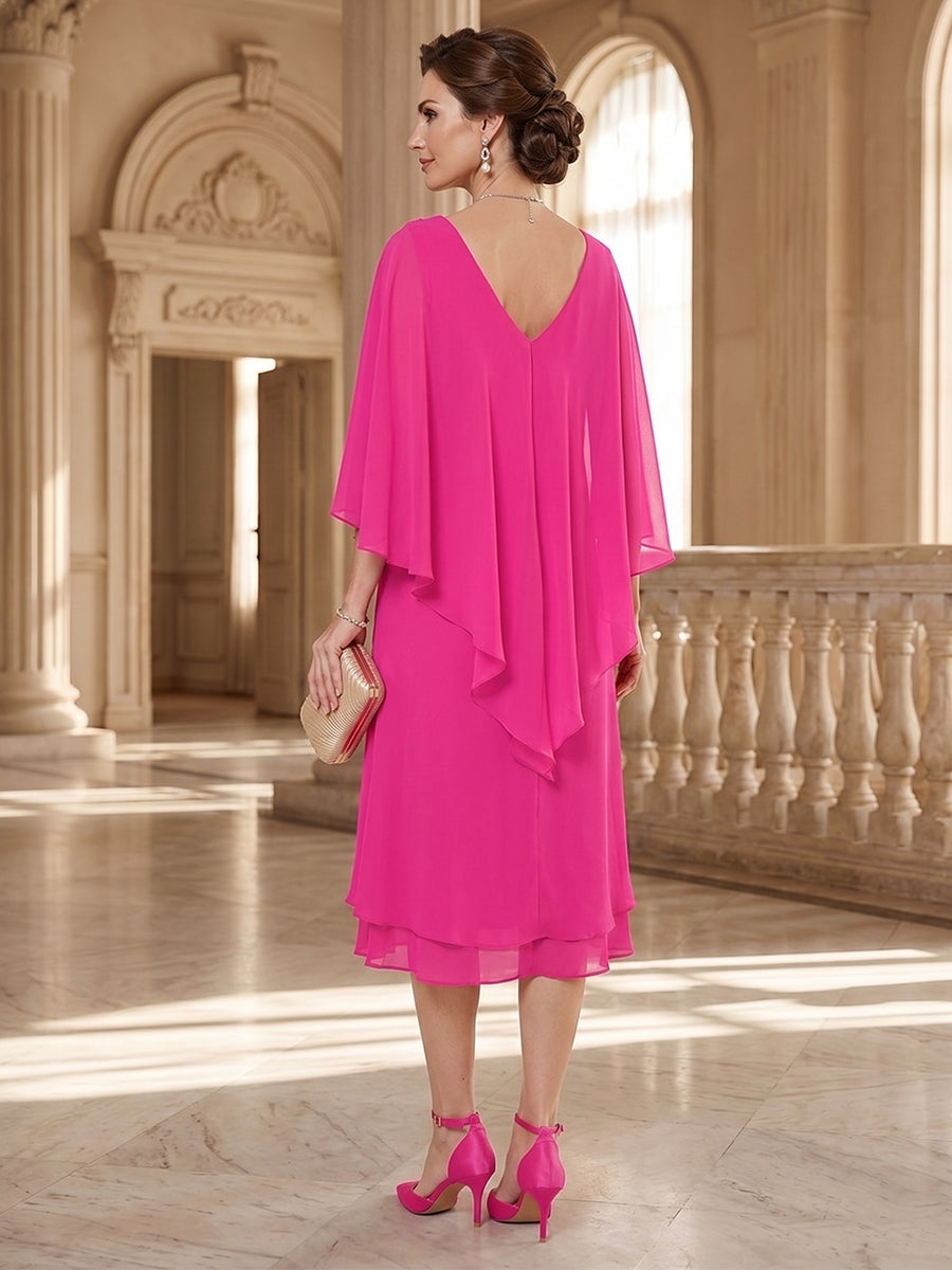 Sheath/Column V-Neck Flutter Sleeves Tea-length Mother of the Bride Dresses with Ruched & Beading