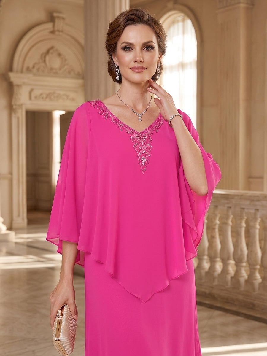 Sheath/Column V-Neck Flutter Sleeves Tea-length Mother of the Bride Dresses with Ruched & Beading