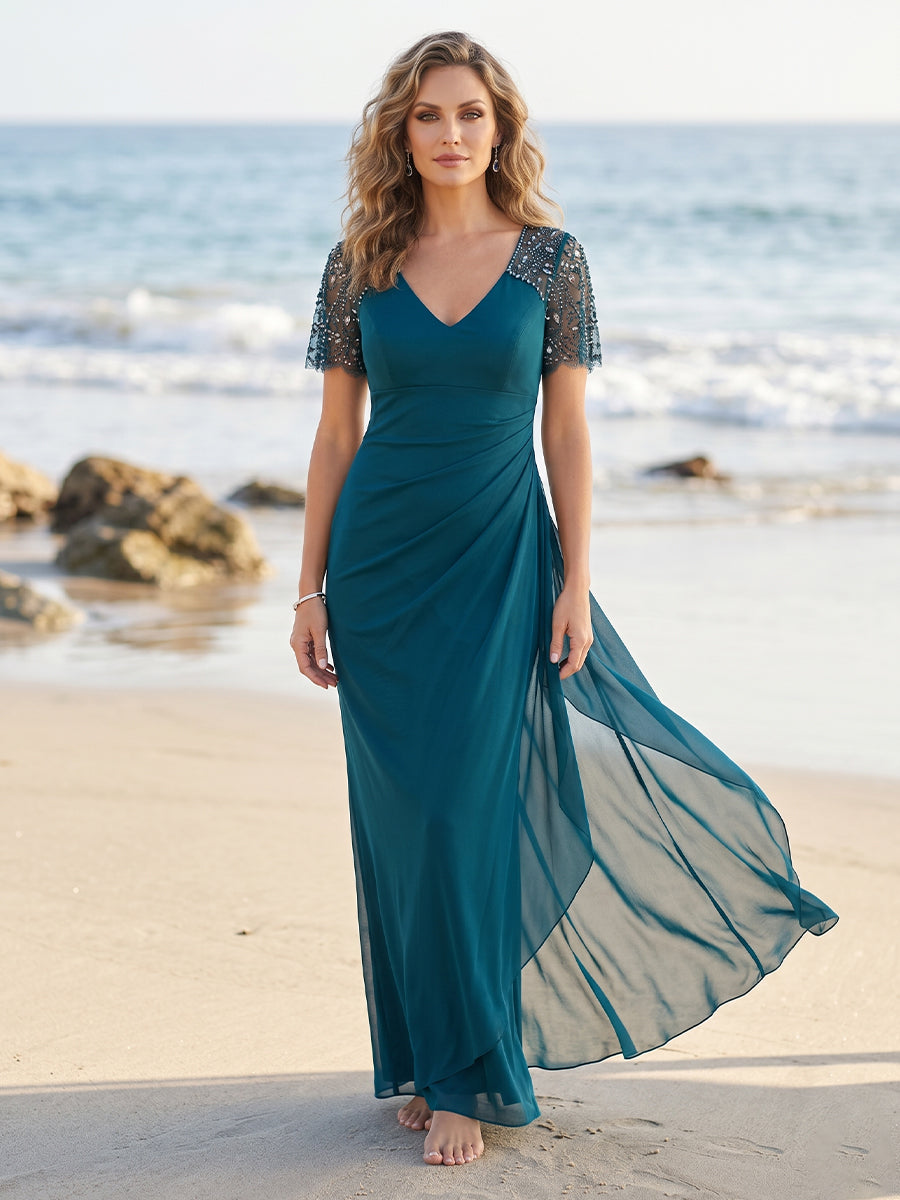 Sheath/Column V-Neck Short Sleeves Floor-length Mother of the Bride Dresses with Beading & Ruffles
