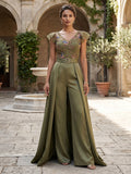 Jumpsuit V Neck Flutter Sleeves Floor-Length Mother of the Bride Dresses with Belt & Applique