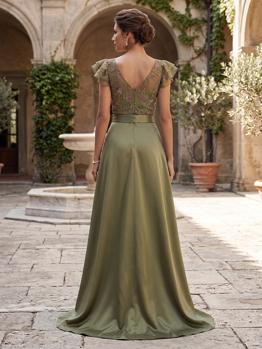 Jumpsuit V Neck Flutter Sleeves Floor-Length Mother of the Bride Dresses with Belt & Applique