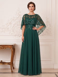 A-Line/Princess Scoop Short Sleeves Floor-Length Mother of the Bride Dresses with Applique & Beading