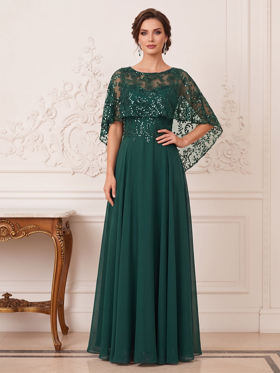 A-Line/Princess Scoop Short Sleeves Floor-Length Mother of the Bride Dresses with Applique & Beading