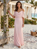 Sheath/Column Cold-Shoulder Half Sleeves Floor-Length Bridesmaid Dresses With Ruched
