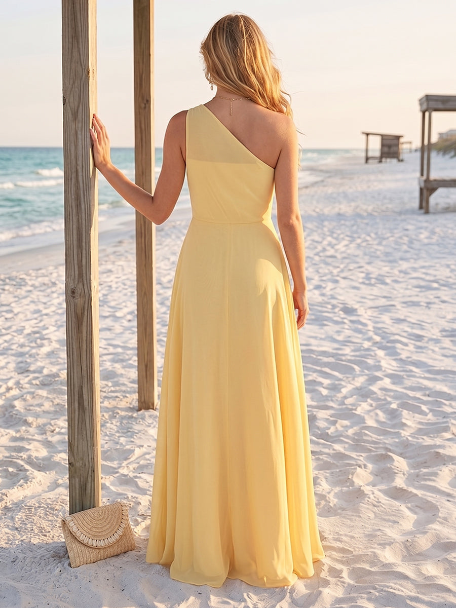 A-Line/Princess One-Shoulder Sleeveless Floor-Length Bridesmaid Dresses with Split Side & Ruched
