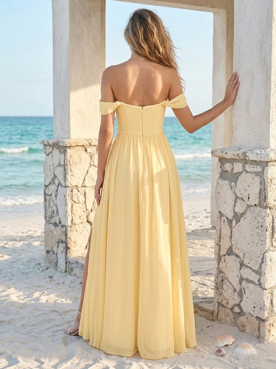 A-Line/Princess Off-the-Shoulder Sleeveless Floor-Length Bridesmaid Dresses With Ruched & Split Side