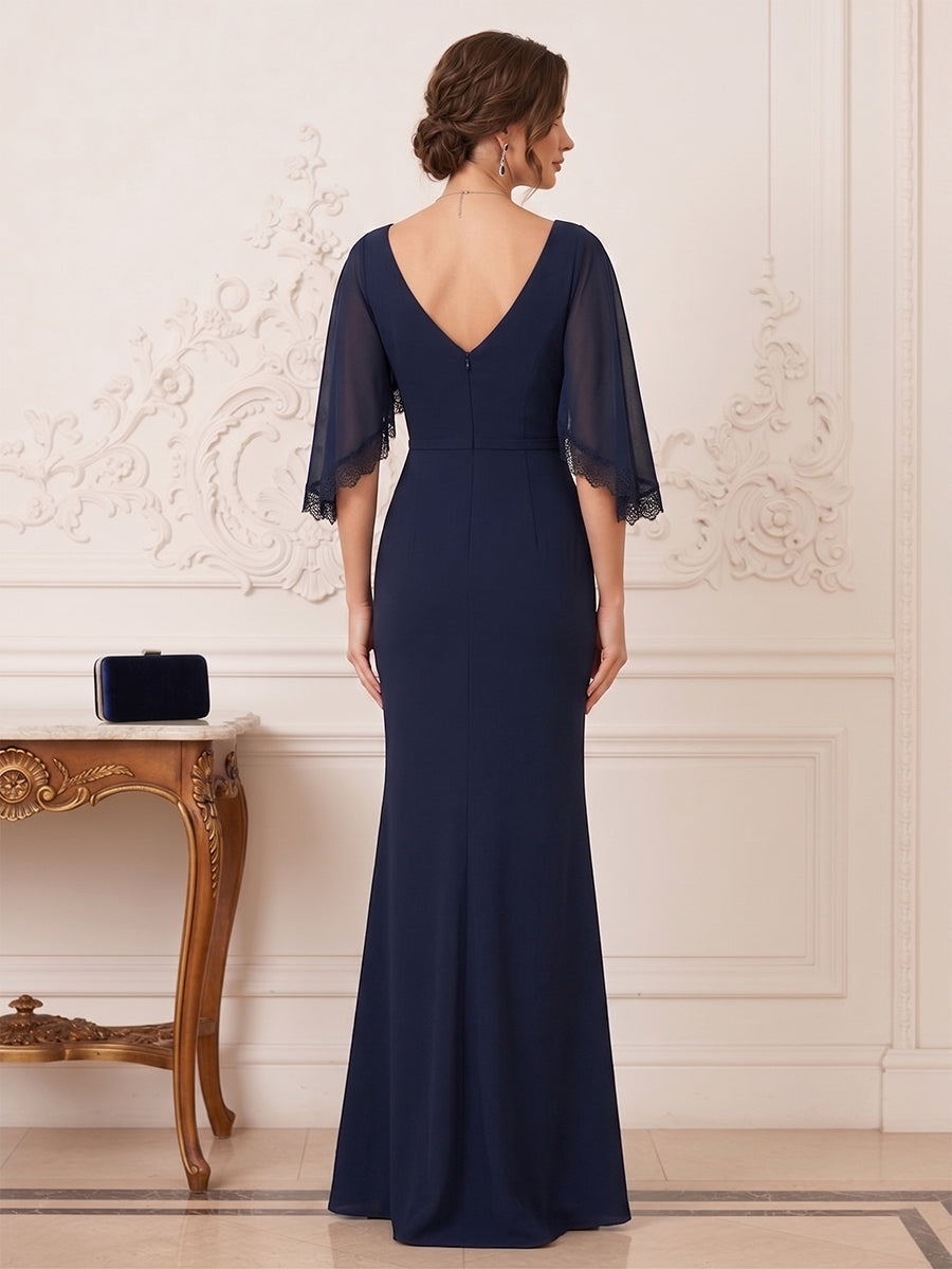 Trumpet/Mermaid V-Neck Flutter Sleeves Floor-length Mother of the Bride Dresses with Lace & Pleats