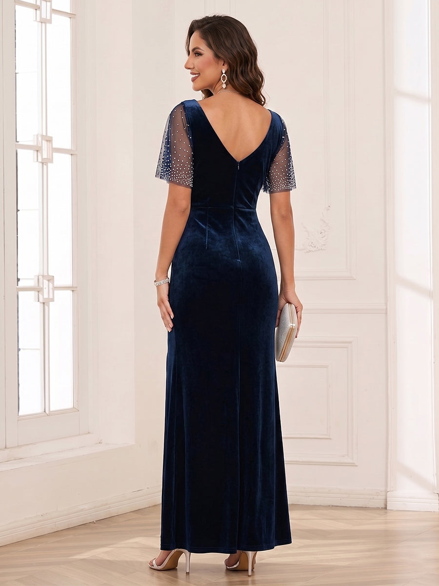 Sheath/Column Scoop Flutter Sleeves Floor-length Mother of the Bride Dresses with Split Side & Beading