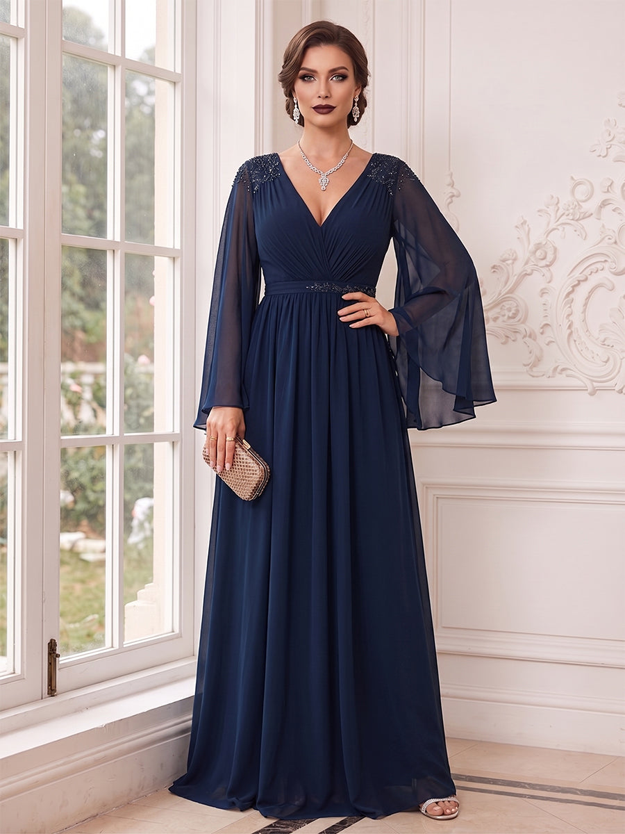 A-Line/Princess V-Neck Flutter Sleeves Floor-length Mother of the Bride Dresses with Lace & Applique