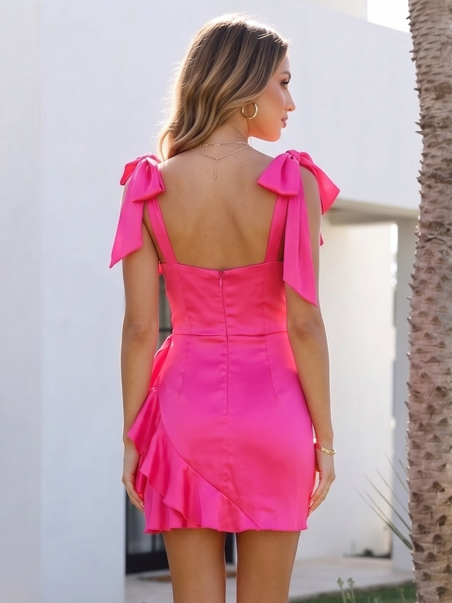 Sheath/Column Square Neck Short/Mini Homecoming Dresses With Bowknot & Ruffles