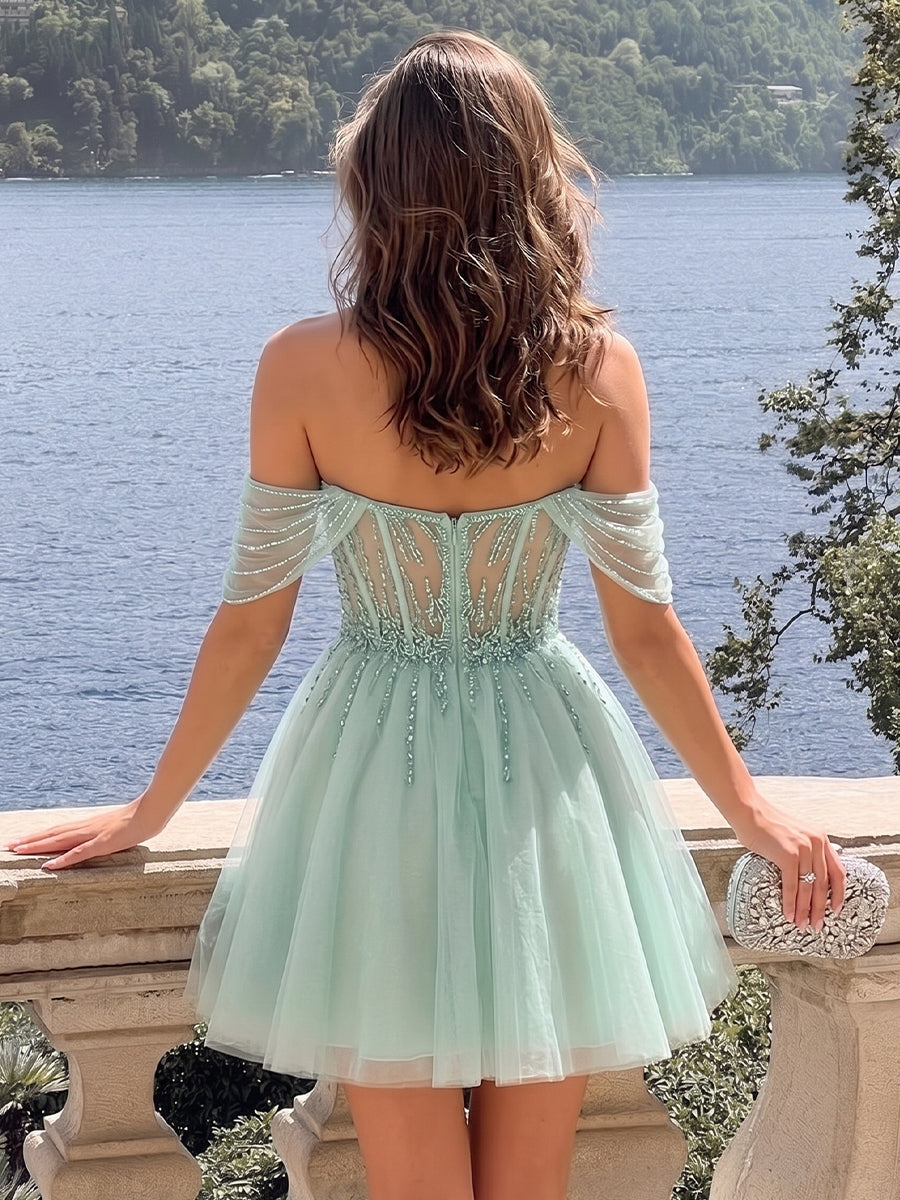 A-Line/Princess Off-the-Shoulder Sleeveless Short/Mini Homecoming Dresses with Beading & Sequins
